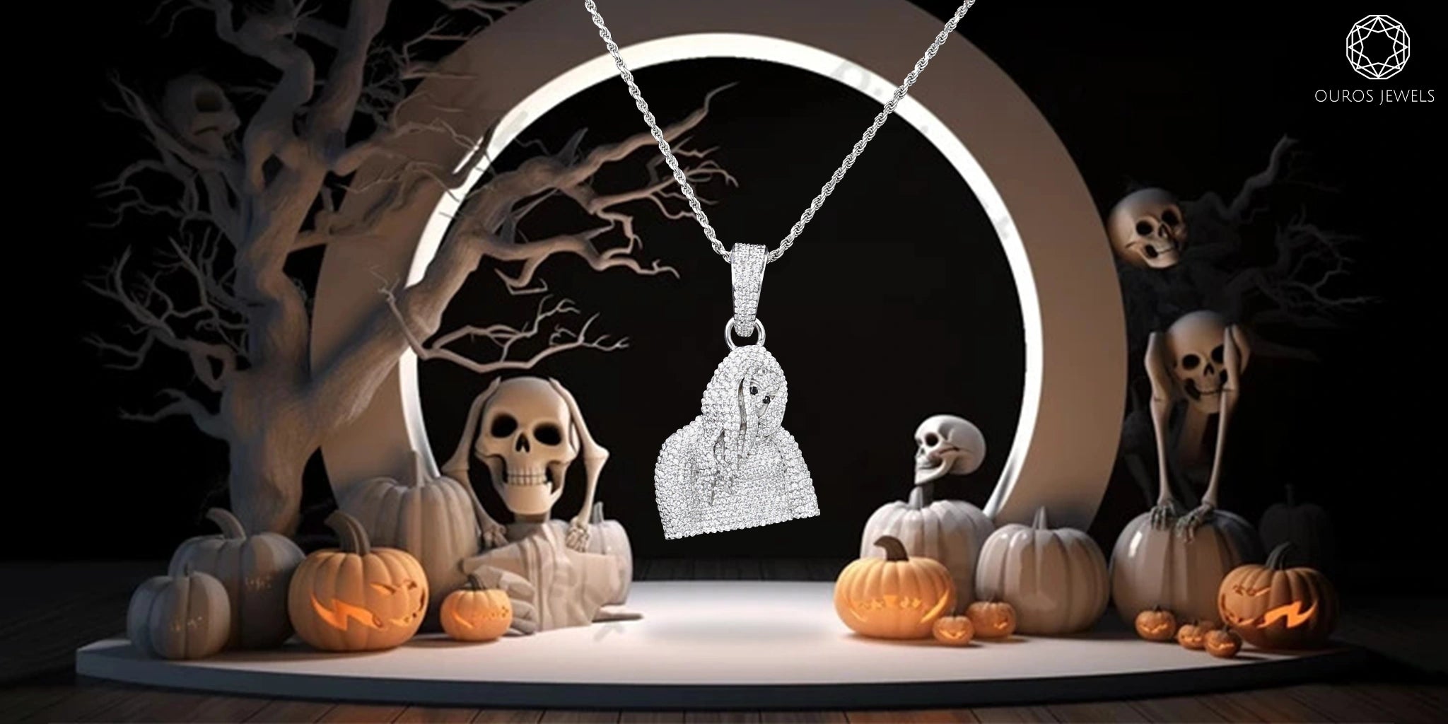 [Main elements]- Diamonds Halloween jewelry- [Style] Scary halloween theme [Other elements]-rotten tree, skulls, pumpkin [background] black