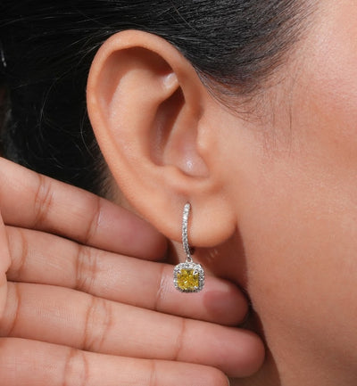 yellow diamond halo drop earrings