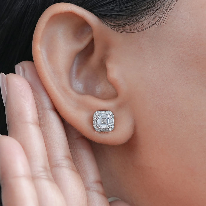 Asscher Lab Diamond Stud Halo Earrings