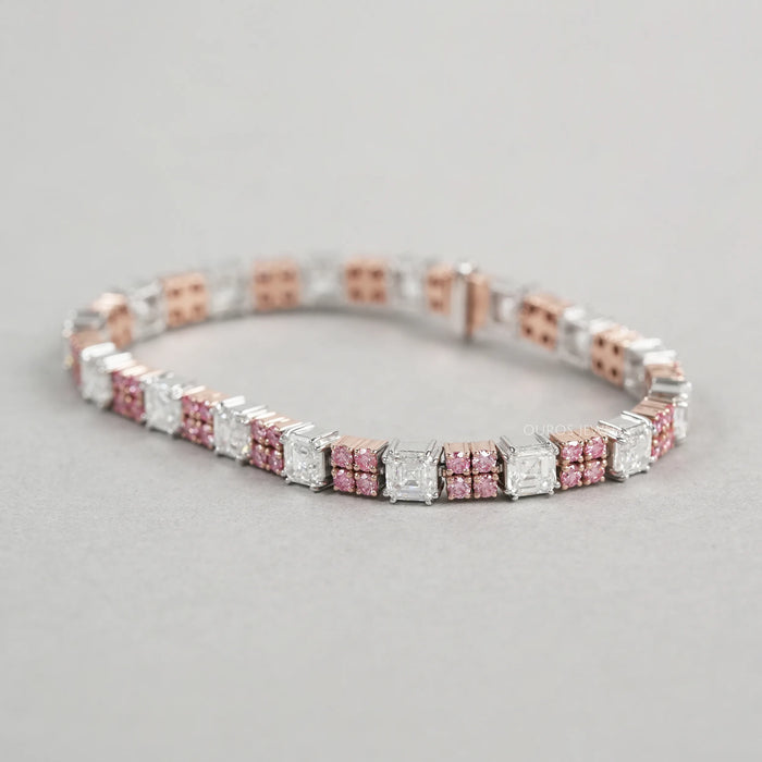 Asscher Cut Pink Round Lab Diamond Tennis Bracelet