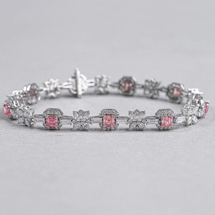 Flower And Pink Asscher Diamond Tennis Bracelet