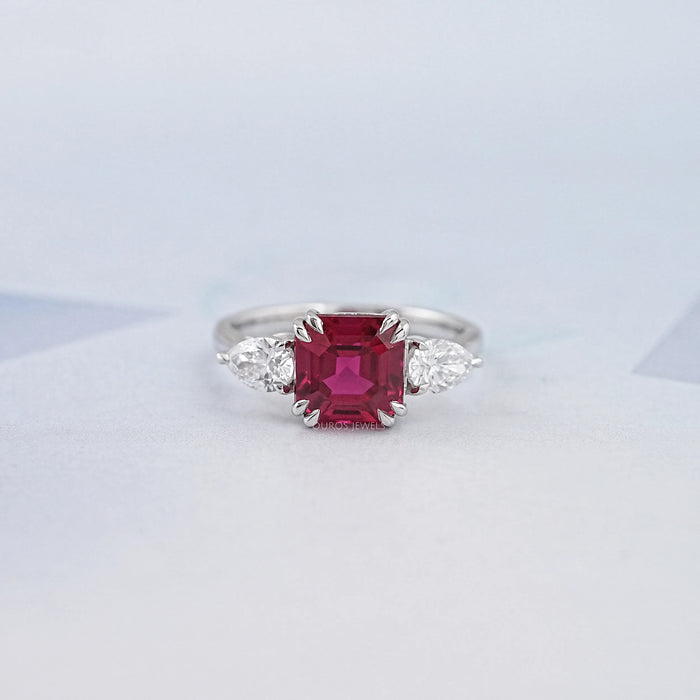 Ruby with Diamond Three Stone Ring