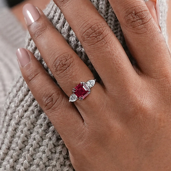 Ruby with Diamond Three Stone Ring