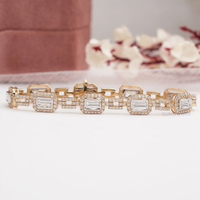 Baguette Cut Halo Diamond Tennis Bracelet