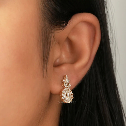 [A Women wearing Baguette Cut Halo Earrings]-[Ouros Jewels]