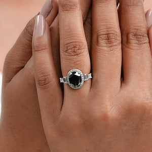 Black Oval Cut Halo With Accent Diamond Ring