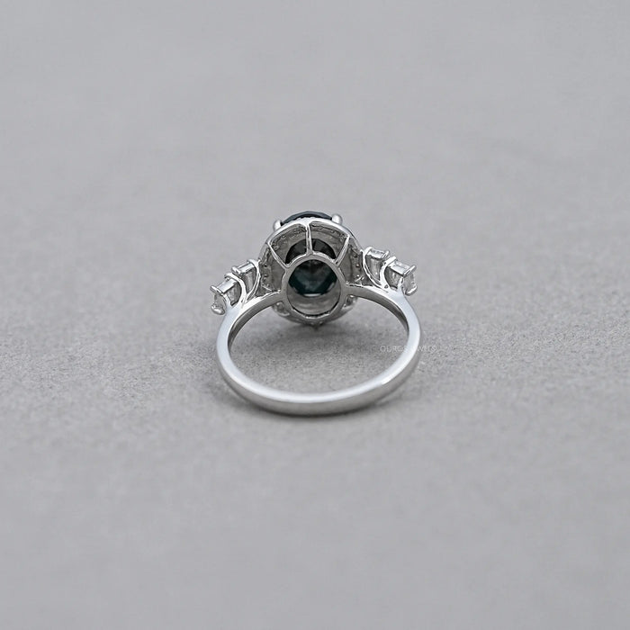 Black Oval Cut Halo With Accent Diamond Ring