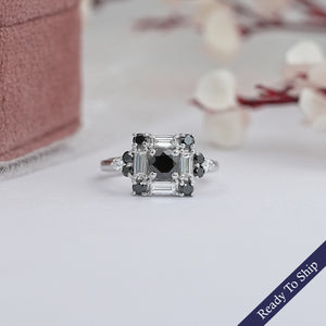 Black Round Cut Halo Baguette Diamond Ring