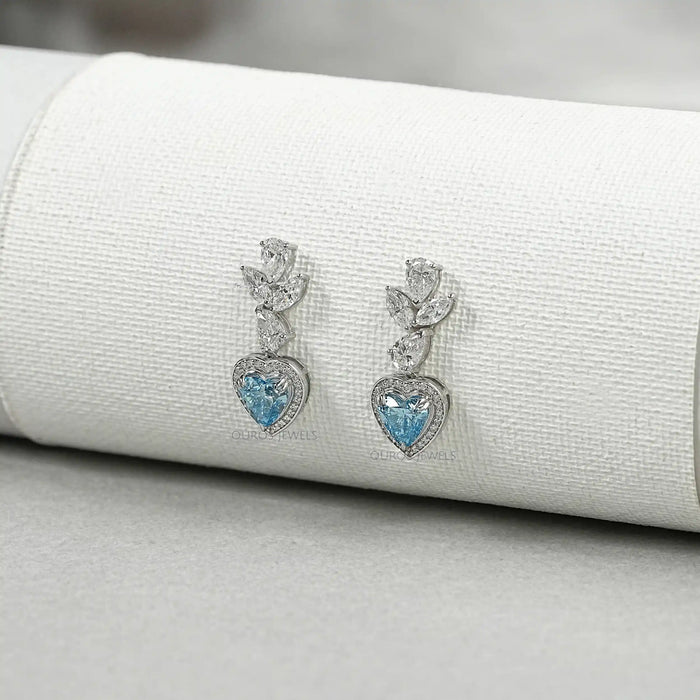 Blue Heart Halo Diamond Dangle Earrings