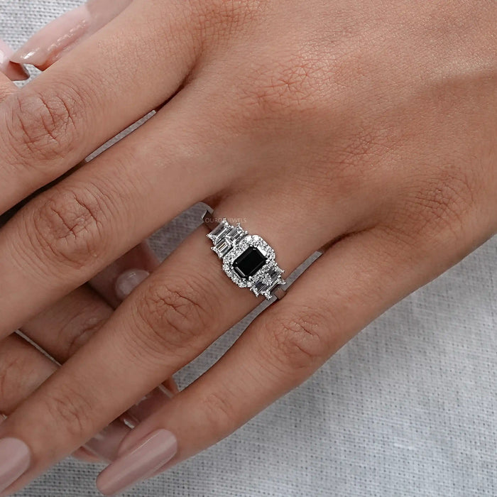 Black Emerald Cut Accent Diamond Engagement Ring