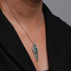 Green Emerald Gemstone and Cluster Diamond Pendant