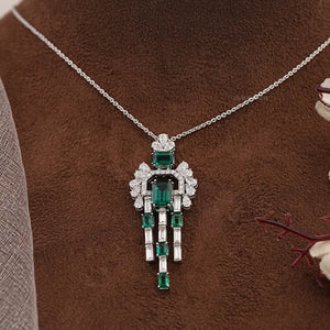 Green Emerald Gemstone and Cluster Diamond Pendant