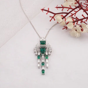 Green Emerald Gemstone and Cluster Diamond Pendant