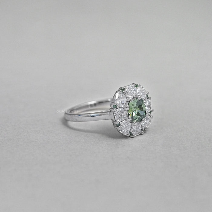 Green Cushion Cut Lab Diamond Halo Engagement Ring