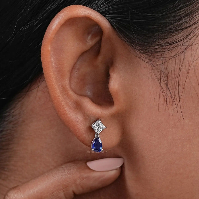 Pear Sapphire And Princess Diamond Two Stone Earring