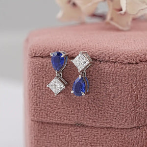 Pear Sapphire And Princess Diamond Two Stone Earring