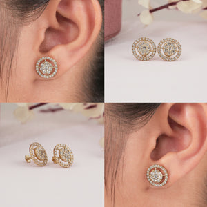 Collage view of Round Brilliant Cut Diamond Halo Stud Earrings.