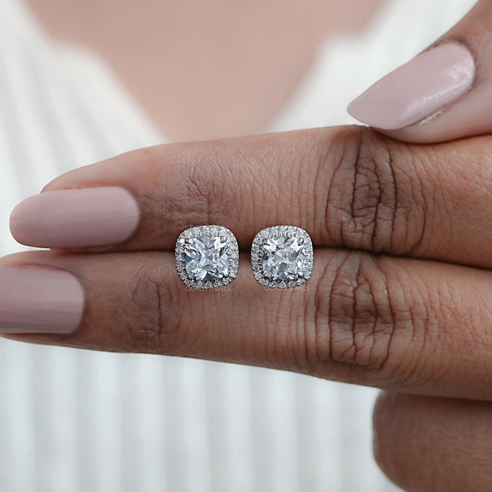 Square Cushion Diamond Halo Stud Earrings