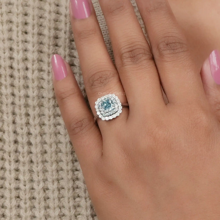 Fancy Blue Cushion Cut Double Halo Lab Diamond Ring