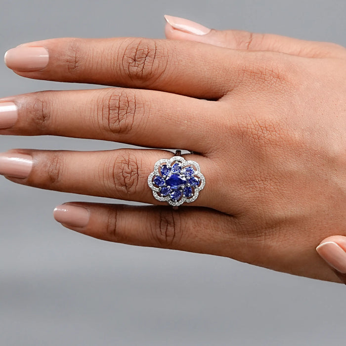 Blue Sapphire and Diamond Floral Halo Ring