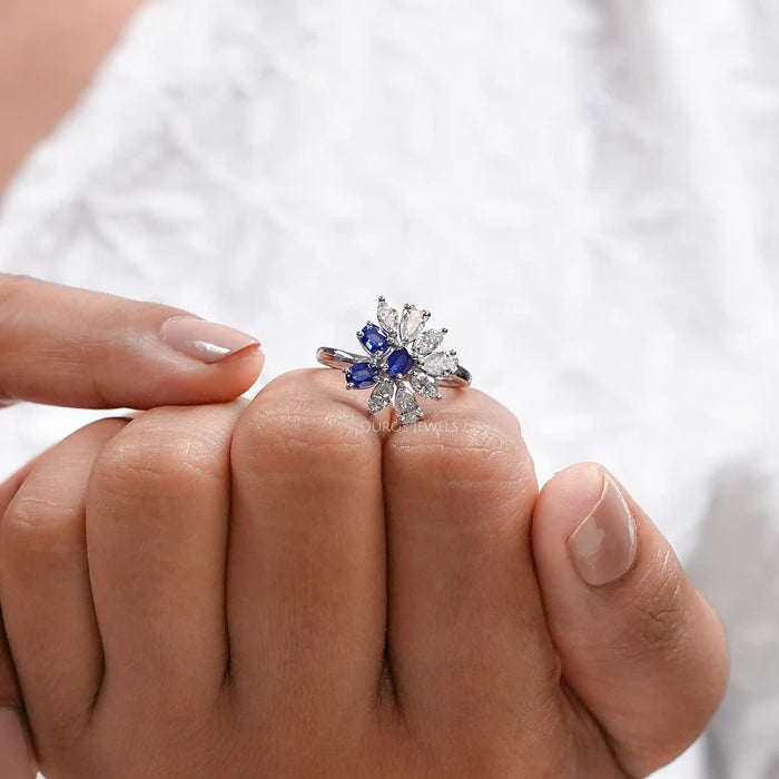 Blue Sapphire Oval Cut Gemstone Cluster Ring