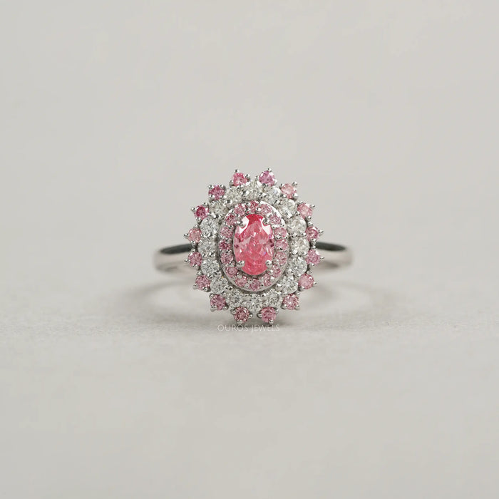 Pink Oval Cut Double Halo Diamond Engagement Ring