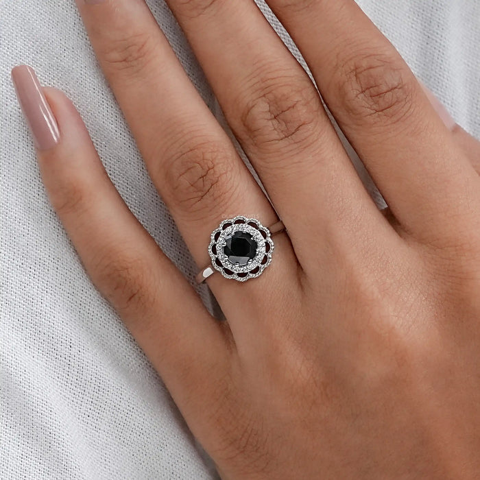 Double Halo Round Shape Black Diamond  Engagement  Ring