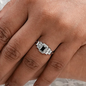 Black Emerald Cut Accent Diamond Engagement Ring