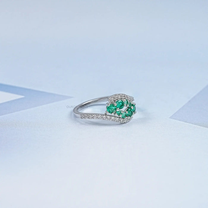 Emerald Gemstone Cluster and Lab Diamond Bypass Ring