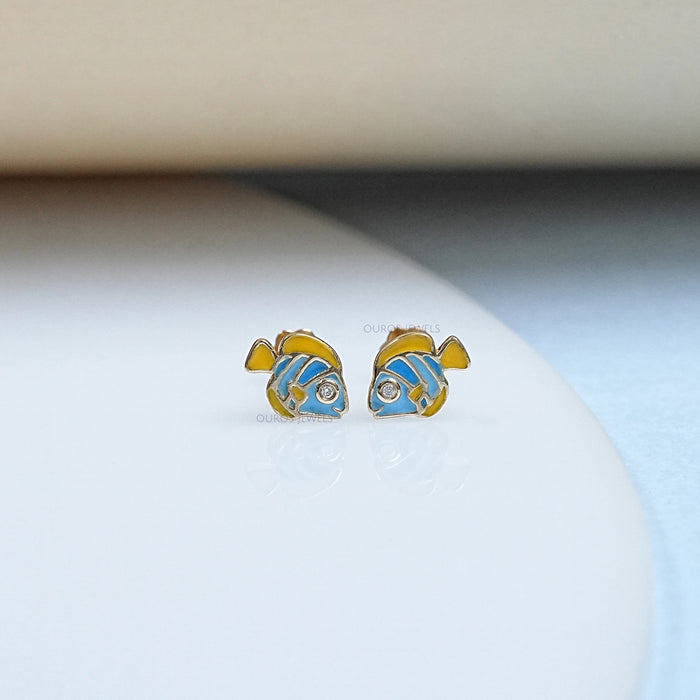 Round Cut Diamond Enamel Fish Earrings For Kids