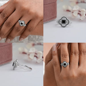 Half Moon Halo Black Diamond Engagement Ring