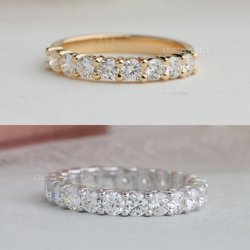 round cut diamond eternity bands in yellow and white gold 