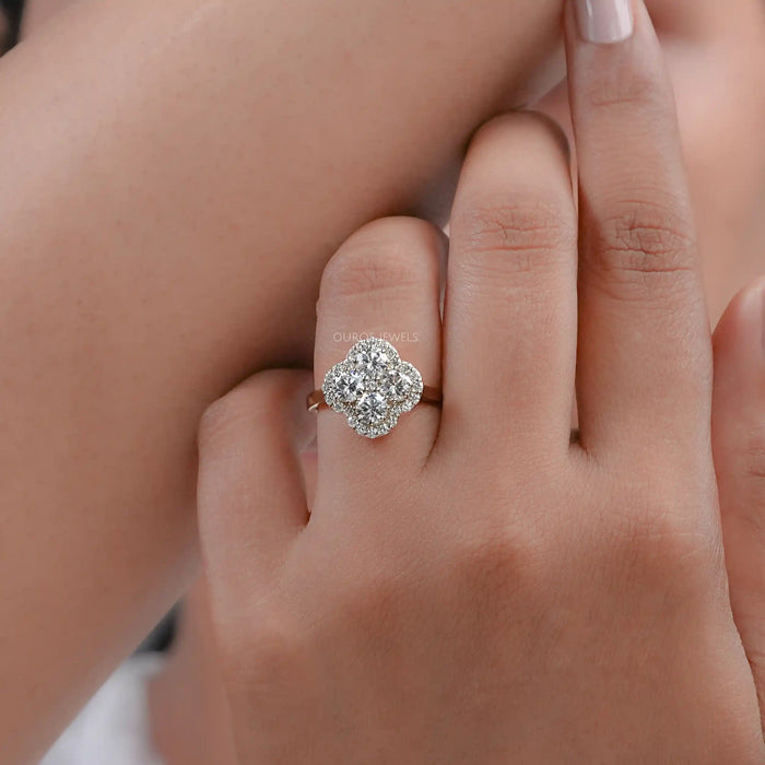 Round Diamond Clover Halo Ring for Engagement