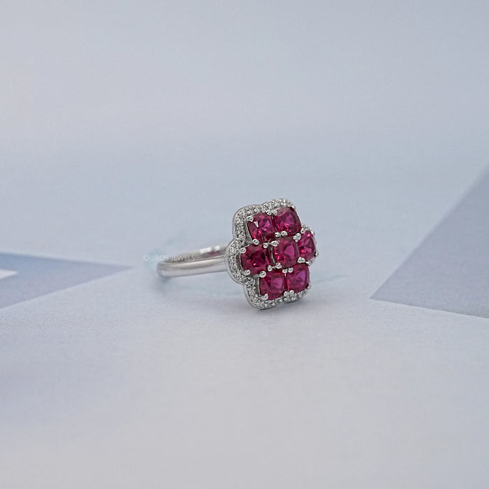 Ruby Cushion Cut Gemstone Flower Halo Engagement Ring