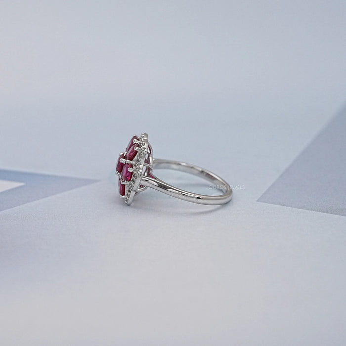 Ruby Cushion Cut Gemstone Flower Halo Engagement Ring