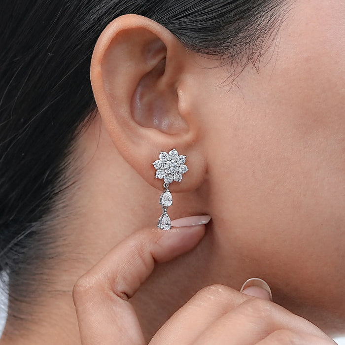 Round Diamond Halo Flower Cluster Earrings