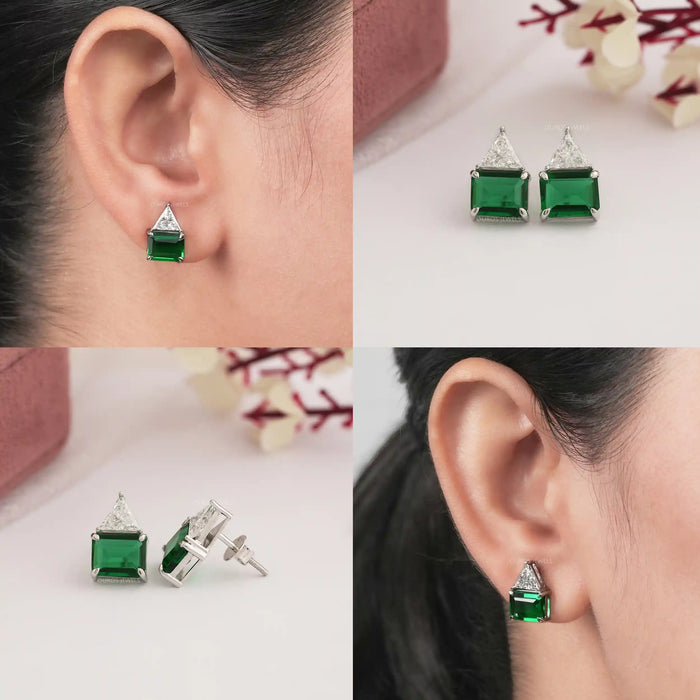 Emerald Cut Green Gemstone Stud Earrings