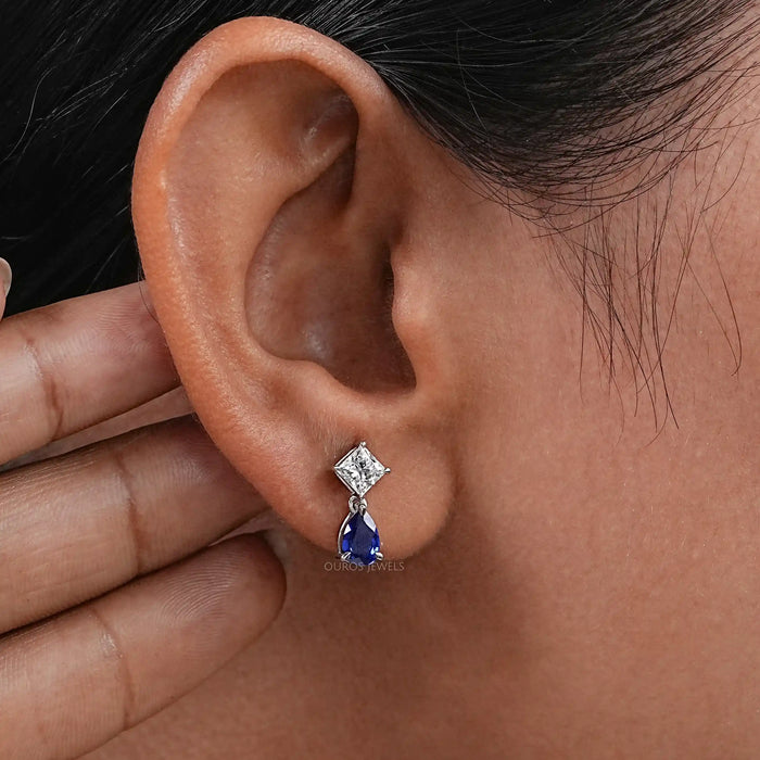 Pear Sapphire And Princess Diamond Two Stone Earring