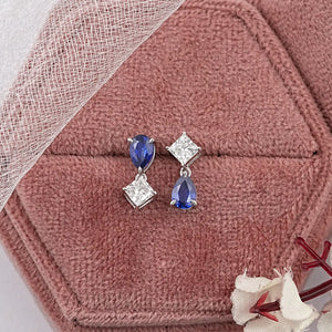 Pear Sapphire And Princess Diamond Two Stone Earring