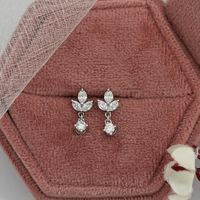 Marquise and Round Cut Diamond Dainty Drop Earrings