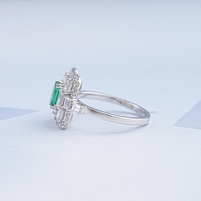 Baguette And Round Halo Diamond Gemstone Ring