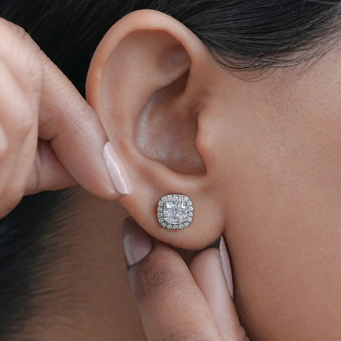 Cushion Cut Halo Diamond Stud Earrings