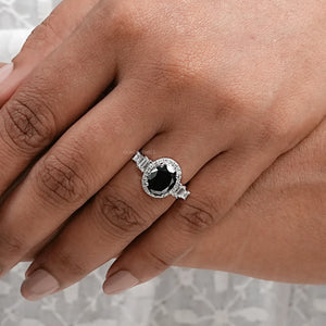 Black Oval Cut Halo With Accent Diamond Ring