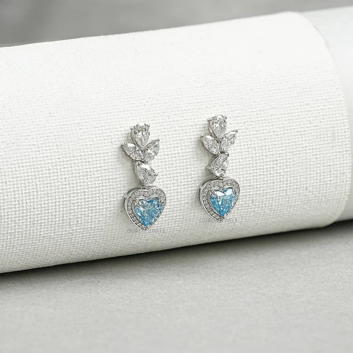 Blue Heart Halo Diamond Dangle Earrings