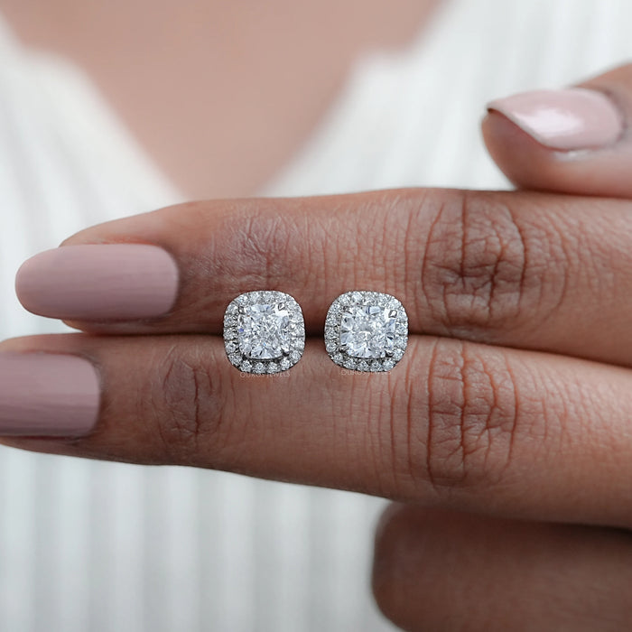 Cushion Cut Halo Diamond Stud Earrings