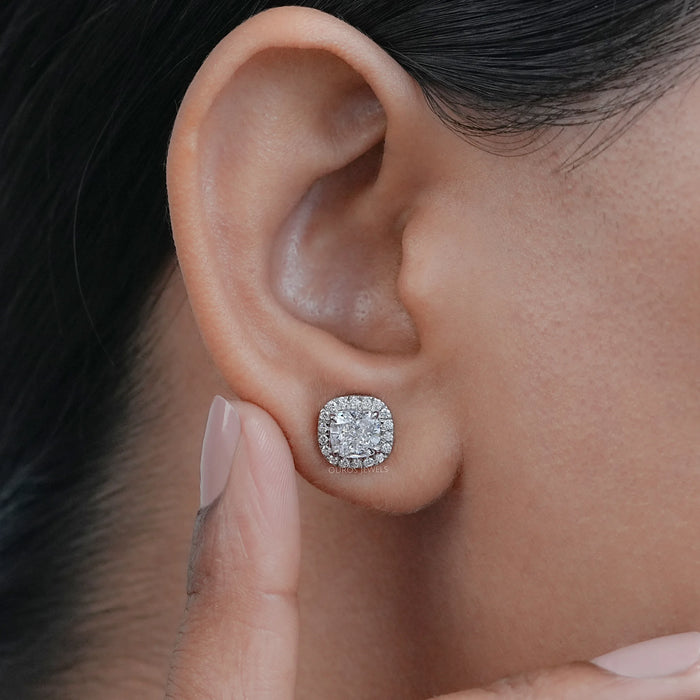 Cushion Cut Halo Diamond Stud Earrings