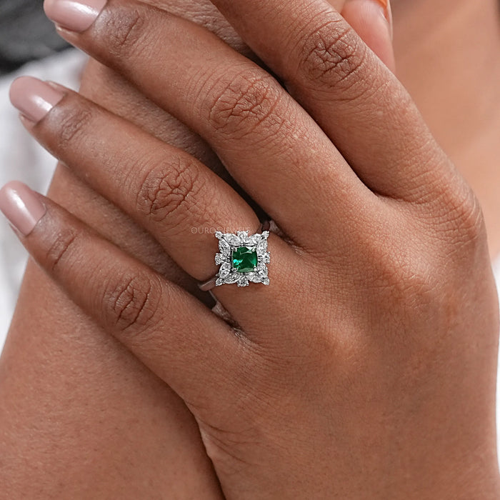 Green Cushion Cut Gemstone Halo Ring