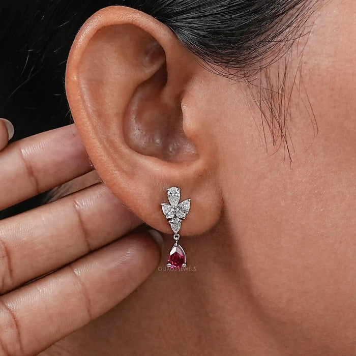 Ruby Pear And Diamond Drop Earrings