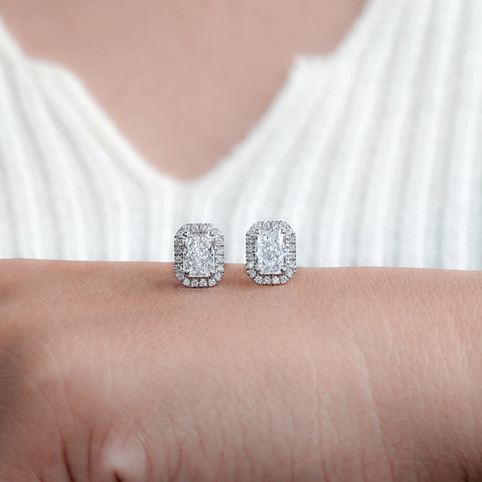 Radiant Diamond Halo Stud Earrings 