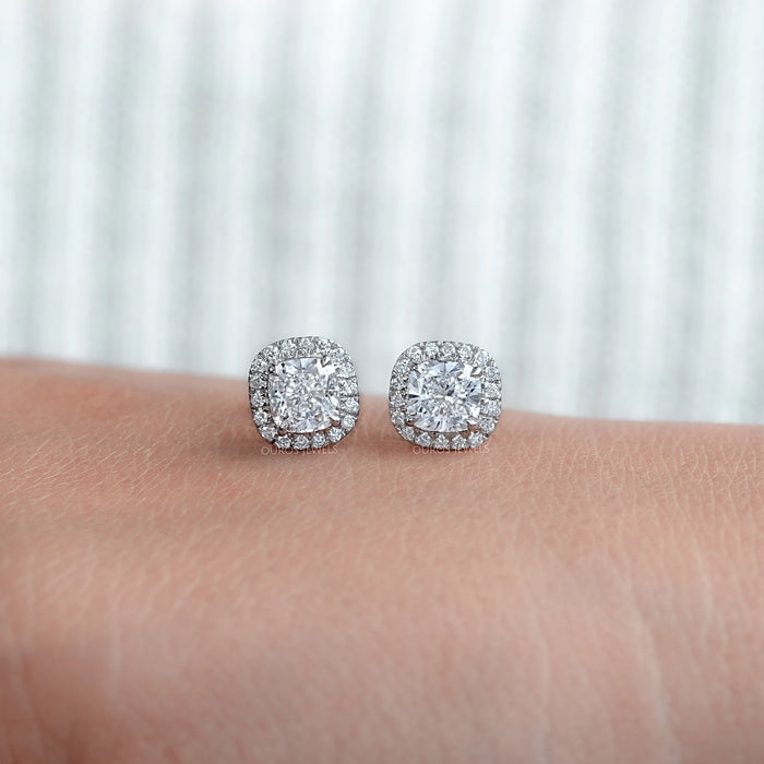 Cushion Cut Halo Diamond Stud Earrings